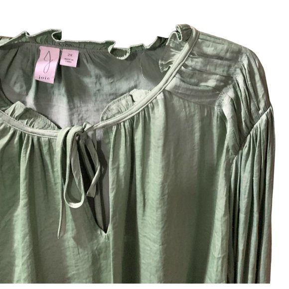 Joie Womens Size 2X Long Sleeve Tunic Top Shirt Blouse Green Tie Ruffle Collar 1 - Picture 2 of 4